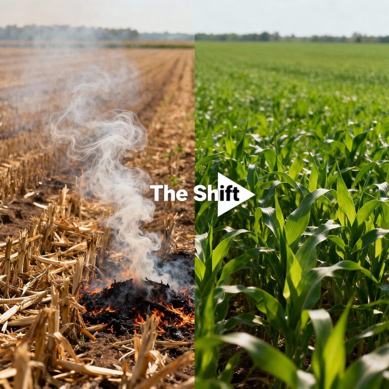 Field comparison showing crop burning vs. regenerated soil.