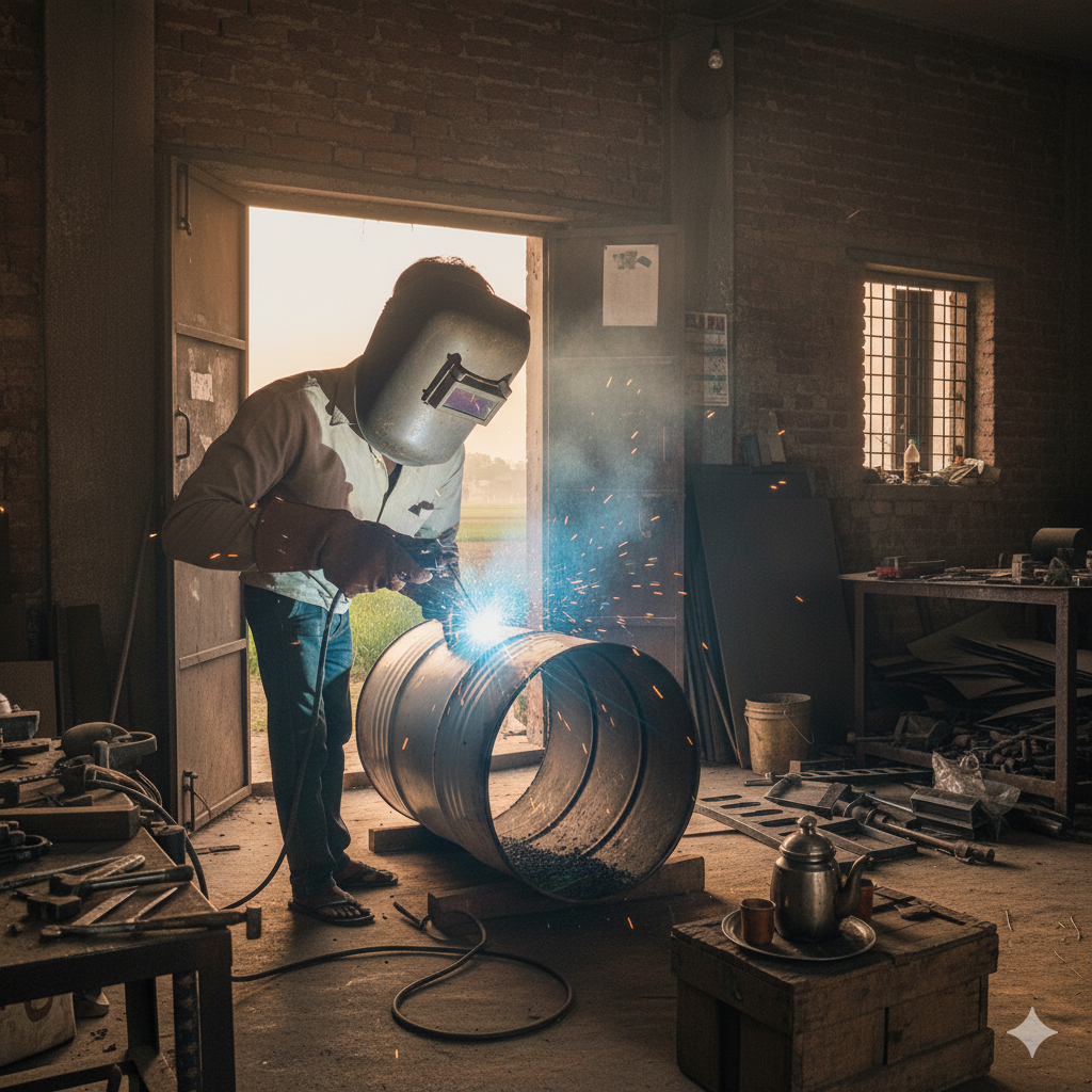 Fabricator welding a kiln
