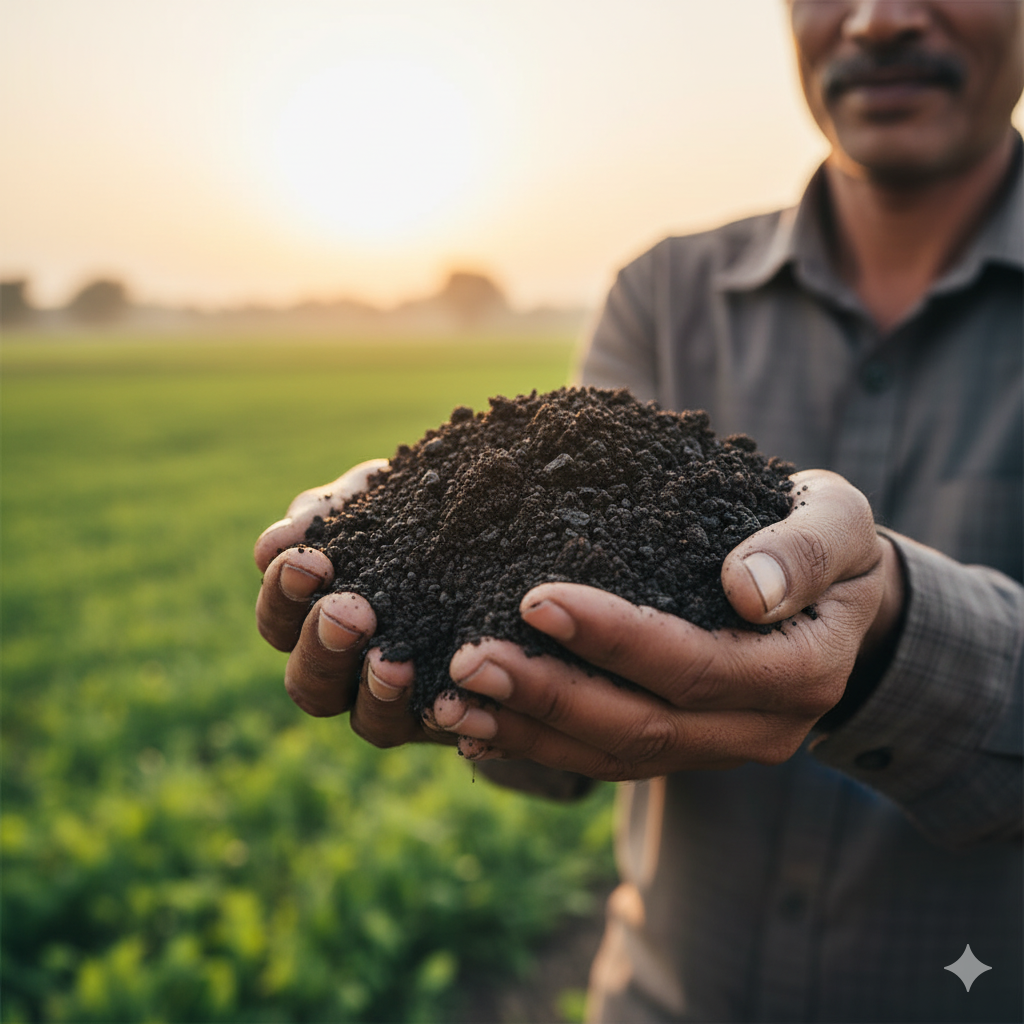 Farmer holding processed soil product